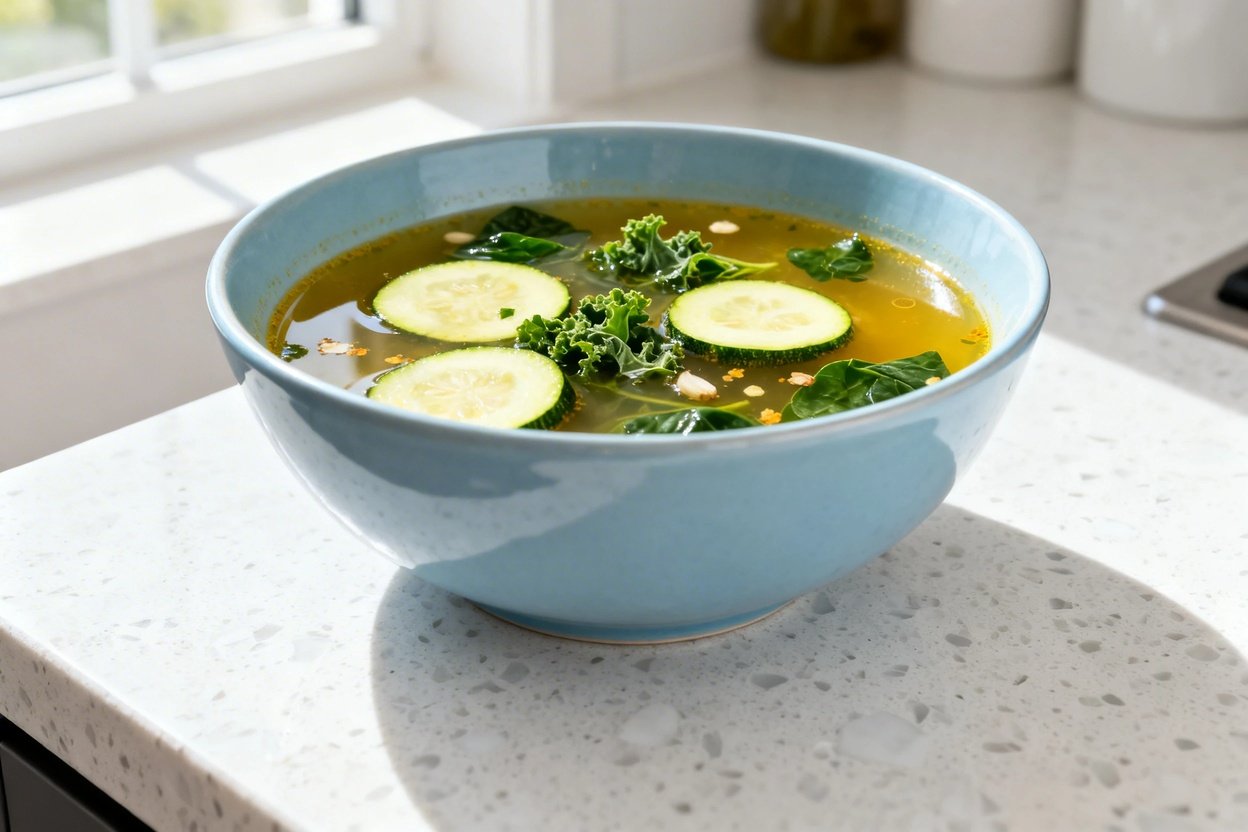  shot at 30–45 degrees of the same low carb healthy detox soup (keto) plated in the same light blue 