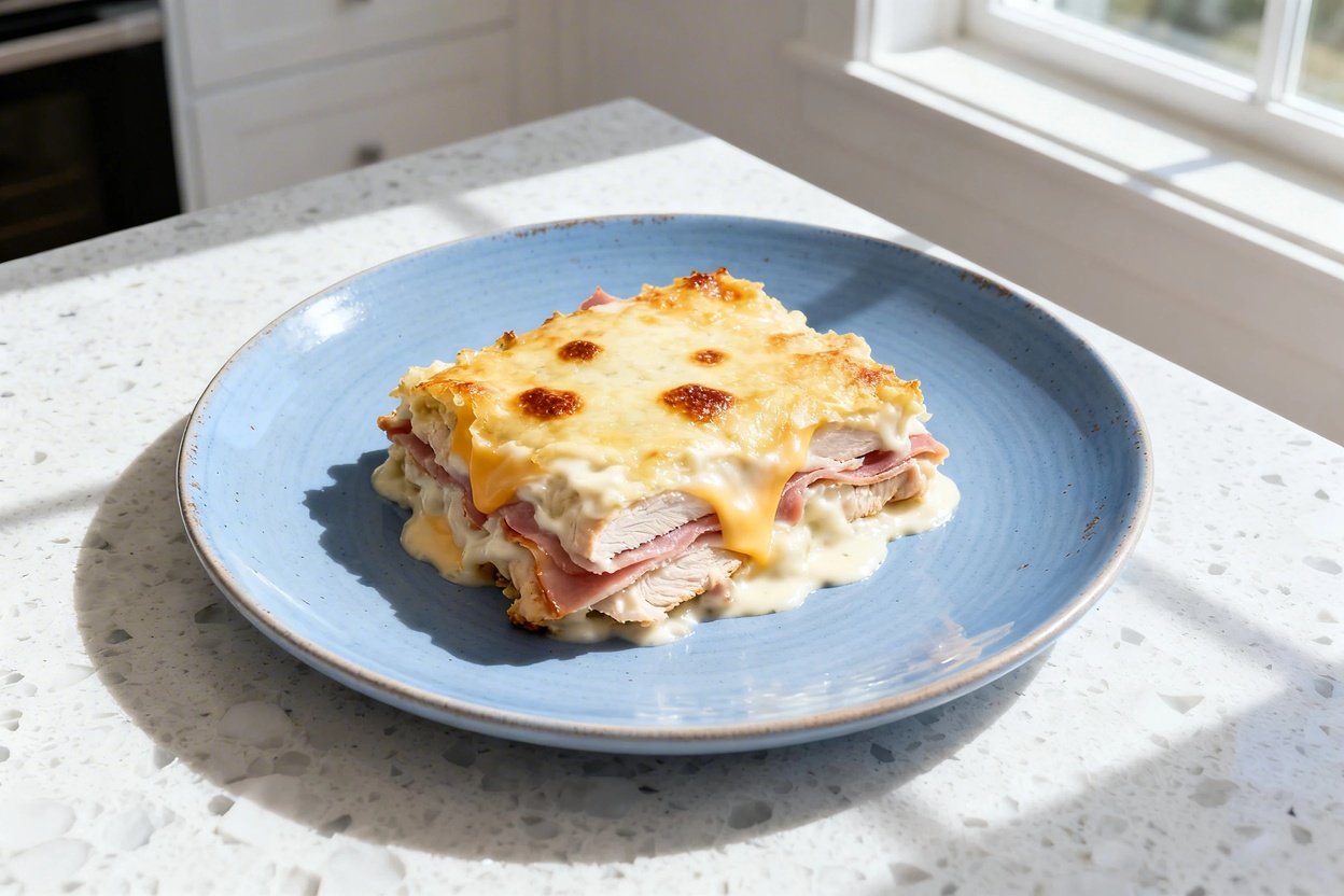 top-down food photo of a single serving of low carb chicken cordon bleu casserole: tender baked chic