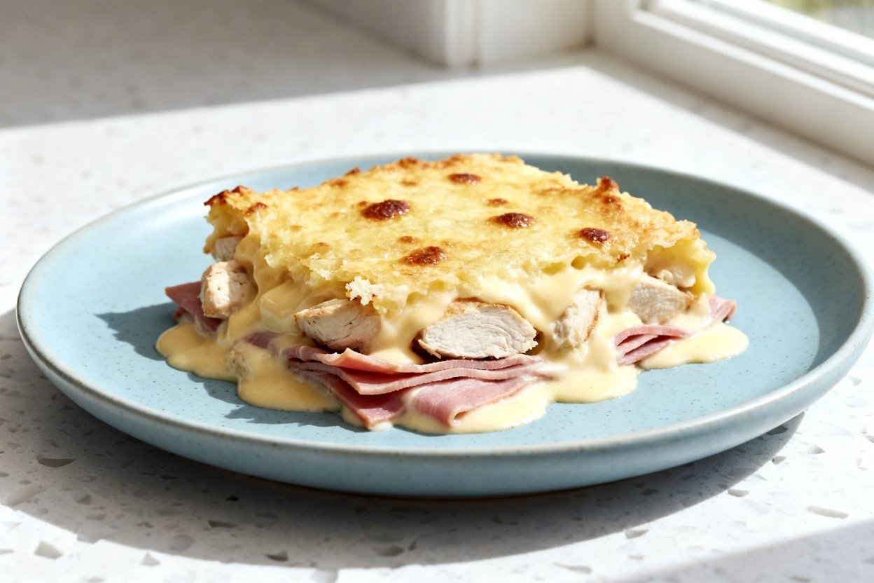  shot at ~35–45 degrees of the identical plated serving of low carb chicken cordon bleu casserole on