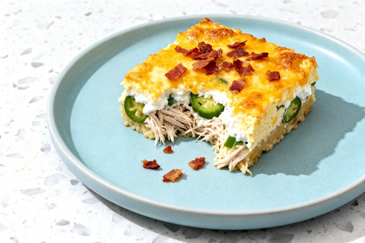 top-down food photo of a single serving of keto jalapeño popper casserole centered on a light blue c