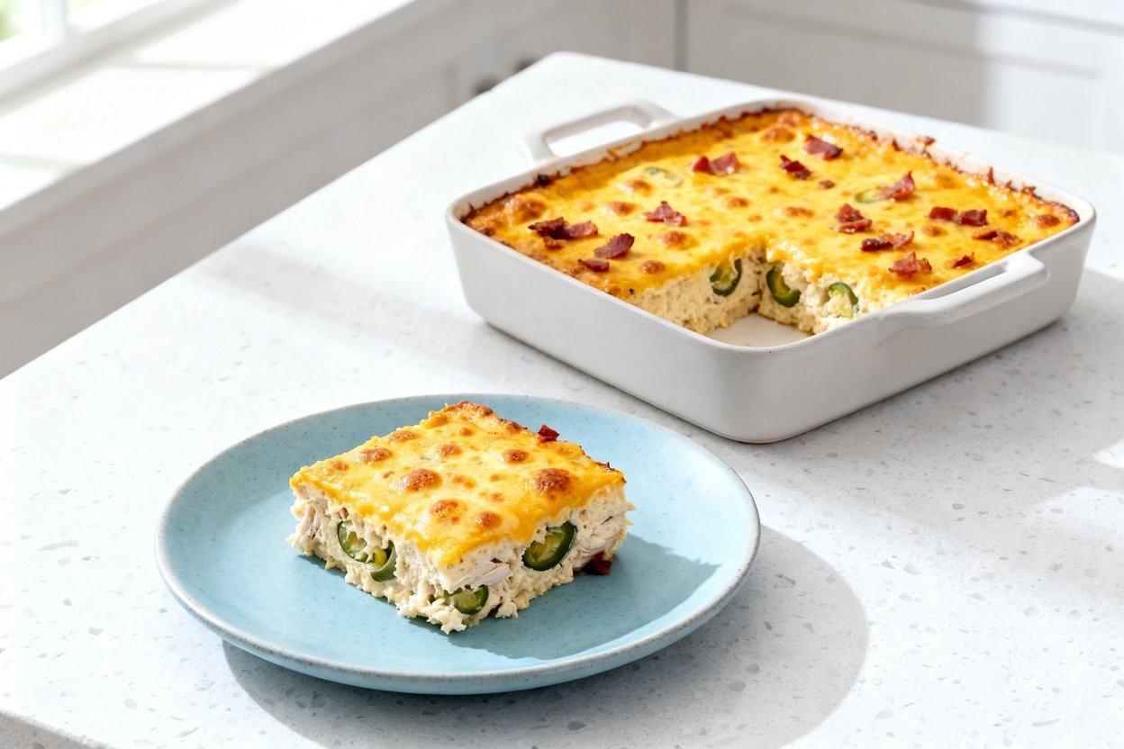 –40 degree view of the same finished keto jalapeño popper casserole in a small rectangular baking di
