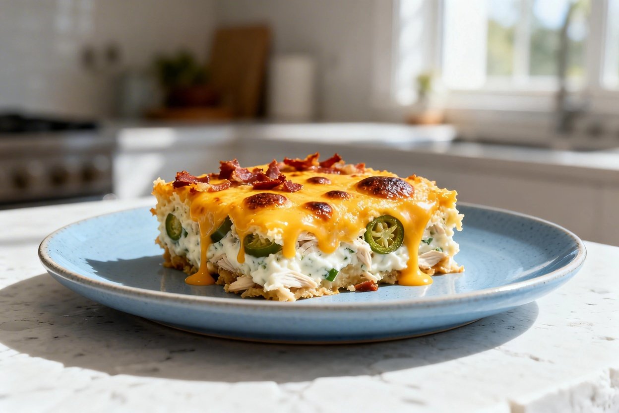 5 degree hero shot focusing tightly on the same single square serving of keto jalapeño popper casser