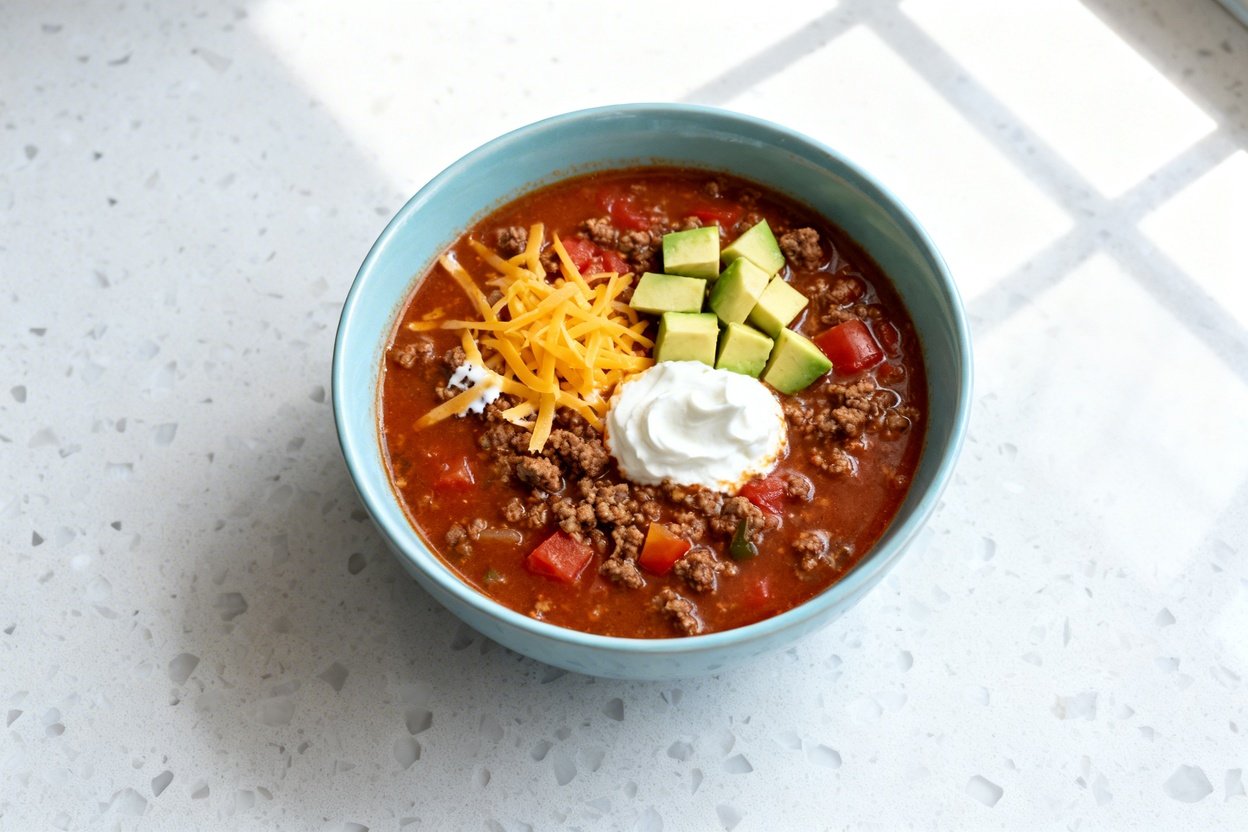 top-down food photograph of a single serving bowl of low carb keto taco soup centered on a light blu