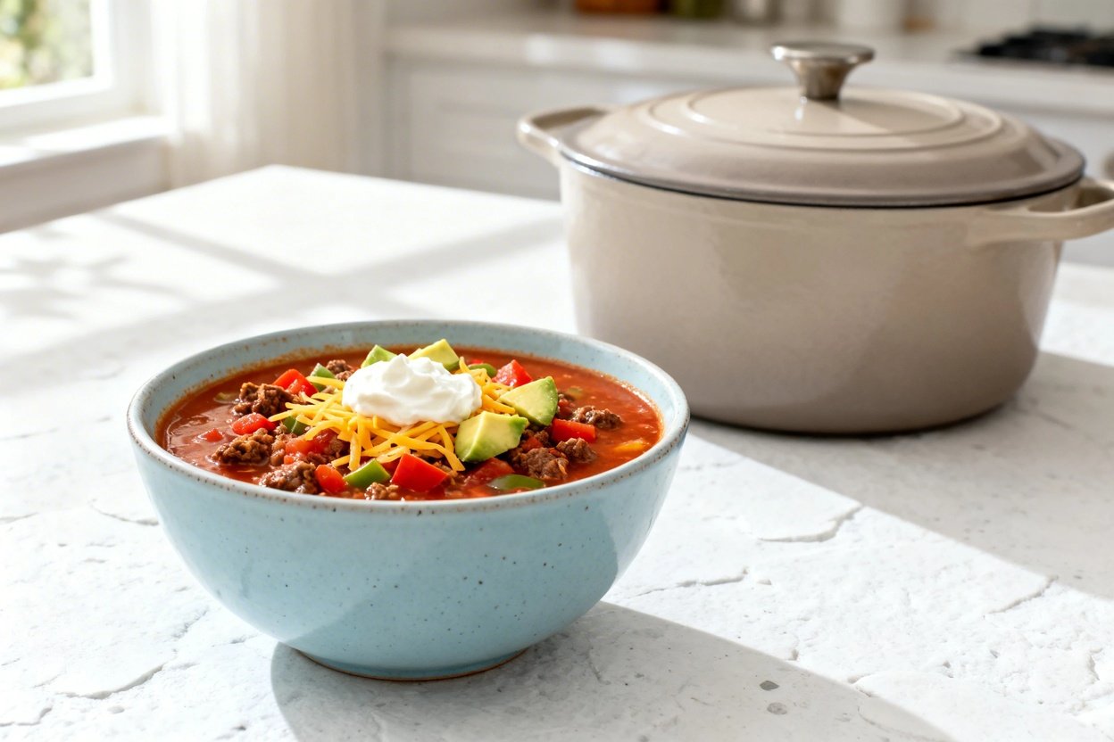 bout 35 degrees) realistic home kitchen photo of the same finished low carb keto taco soup during th