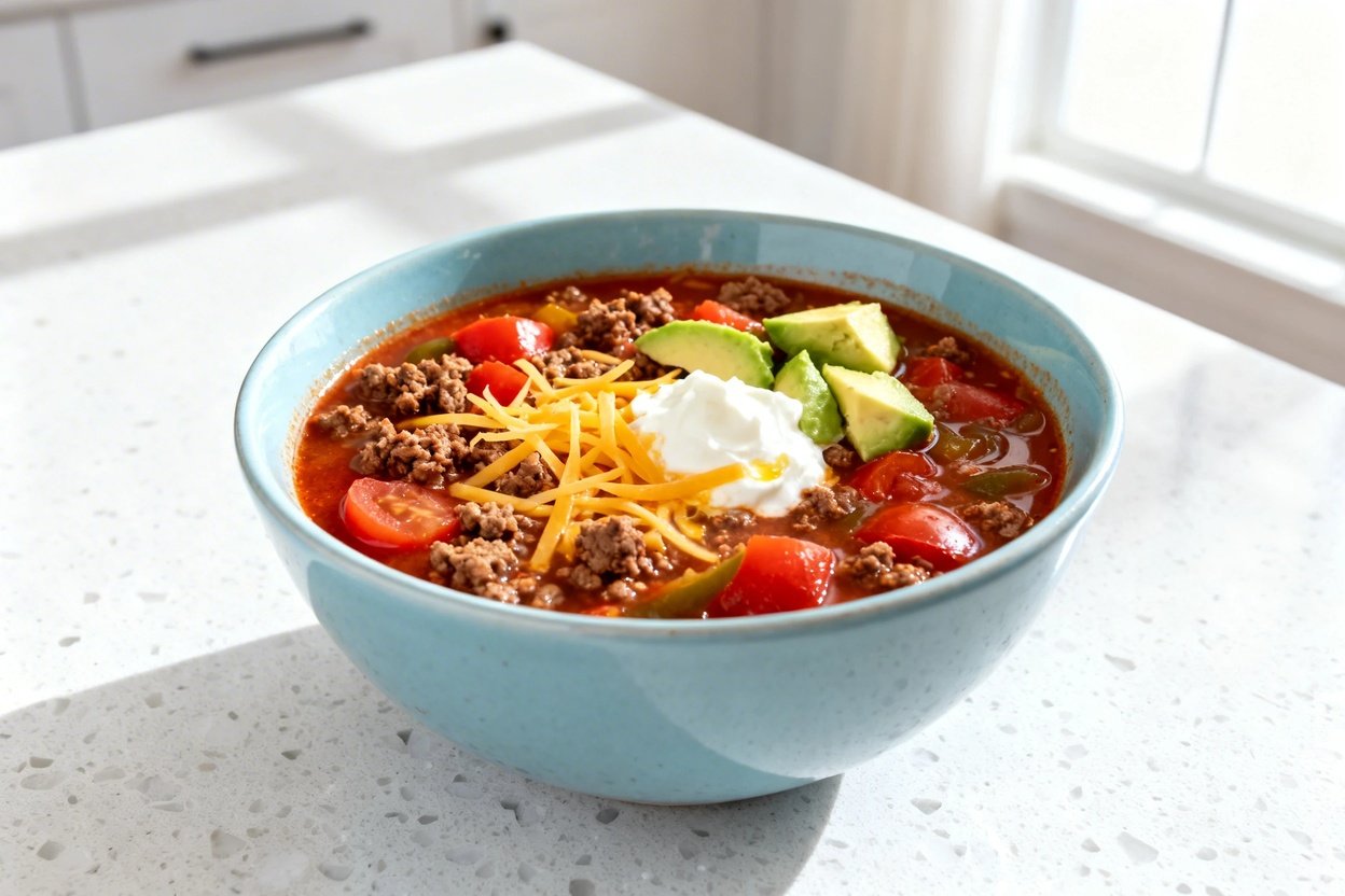  shot (about 40–45 degrees) of the same plated low carb keto taco soup in the same light blue cerami