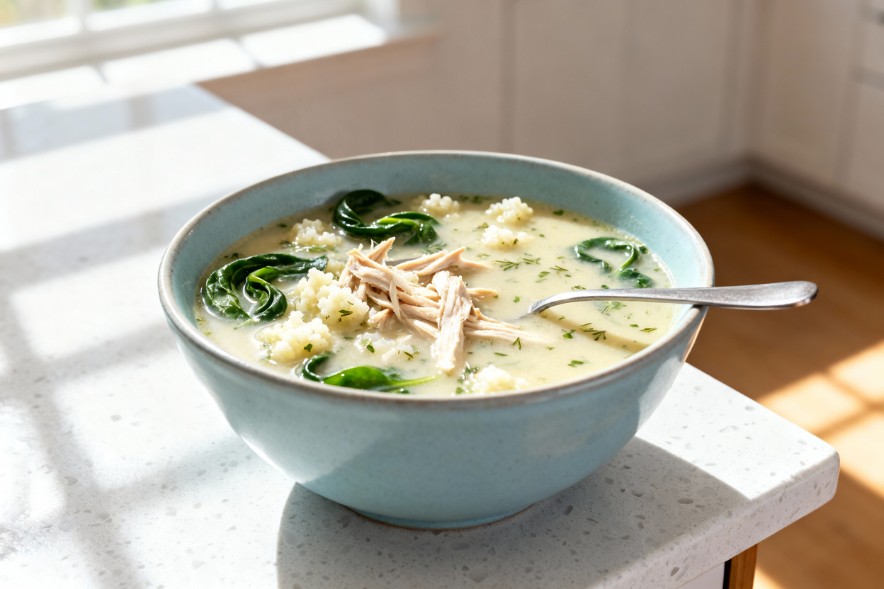 at approximately a 40-degree angle, focusing on the same Marry Me Keto Chicken Soup plated in the id