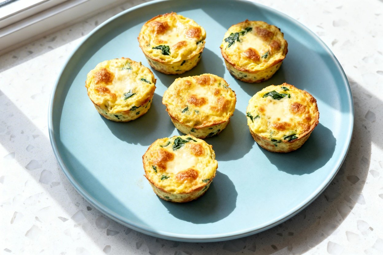 top-down food photo of keto travel egg puffs: six mini crustless quiches (muffin-sized) arranged cas