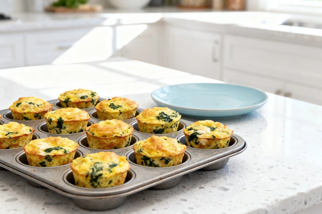 –40 degree perspective of the same finished keto travel egg puffs, identical muffin-sized crustless 