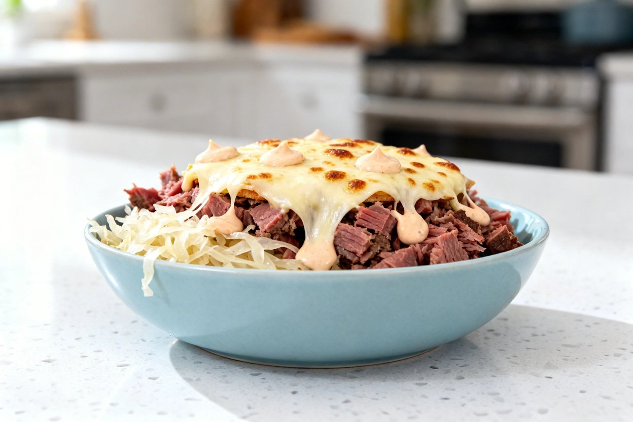 shot (about 40–45 degrees) of the same plated “Reuben in a Bowl” in the same light blue ceramic bow