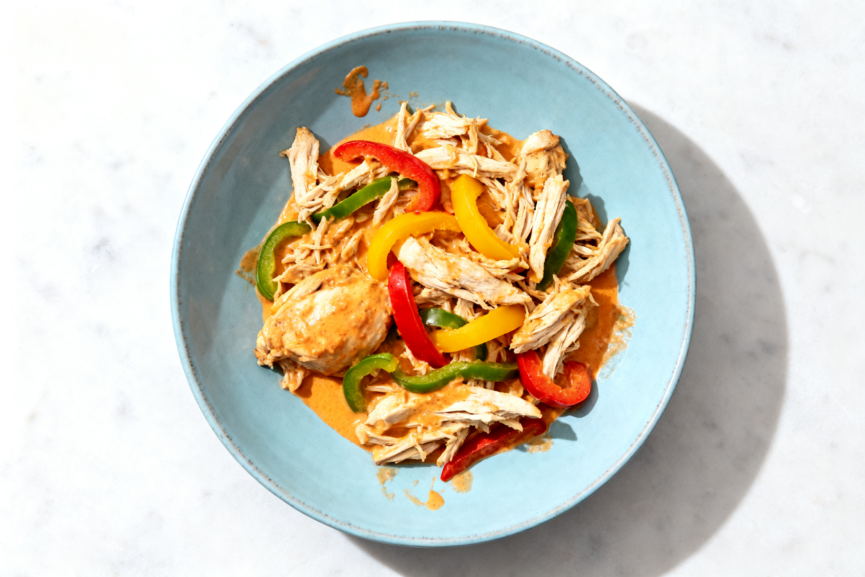 d, top-down image of a single serving of Santa Fe Crockpot Chicken, centered and plated on a light b