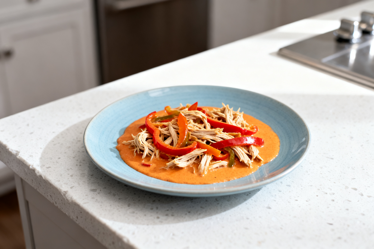 (about 35 degrees) composition showing the same single serving of Santa Fe Crockpot Chicken as Image