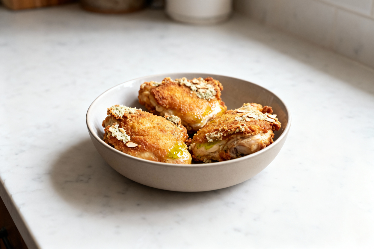 led camera shot of the same spicy keto fried chicken thighs portion as Image 1, now shown in a neutr