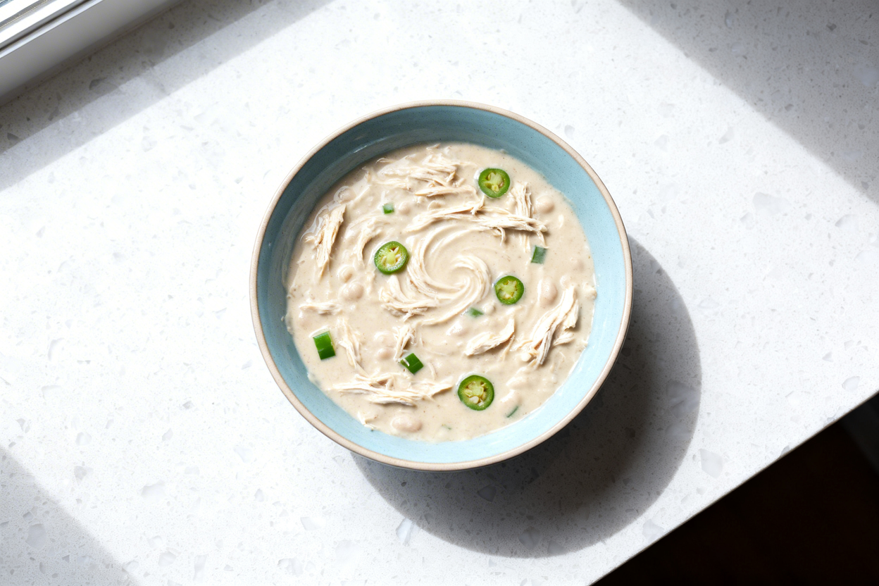 top-down food photograph of a single serving of spicy keto white chicken chili: a thick, creamy off-