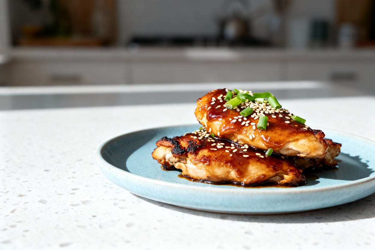 5-degree angle) showing the same sticky keto teriyaki chicken portion as in Image 1, now photographe