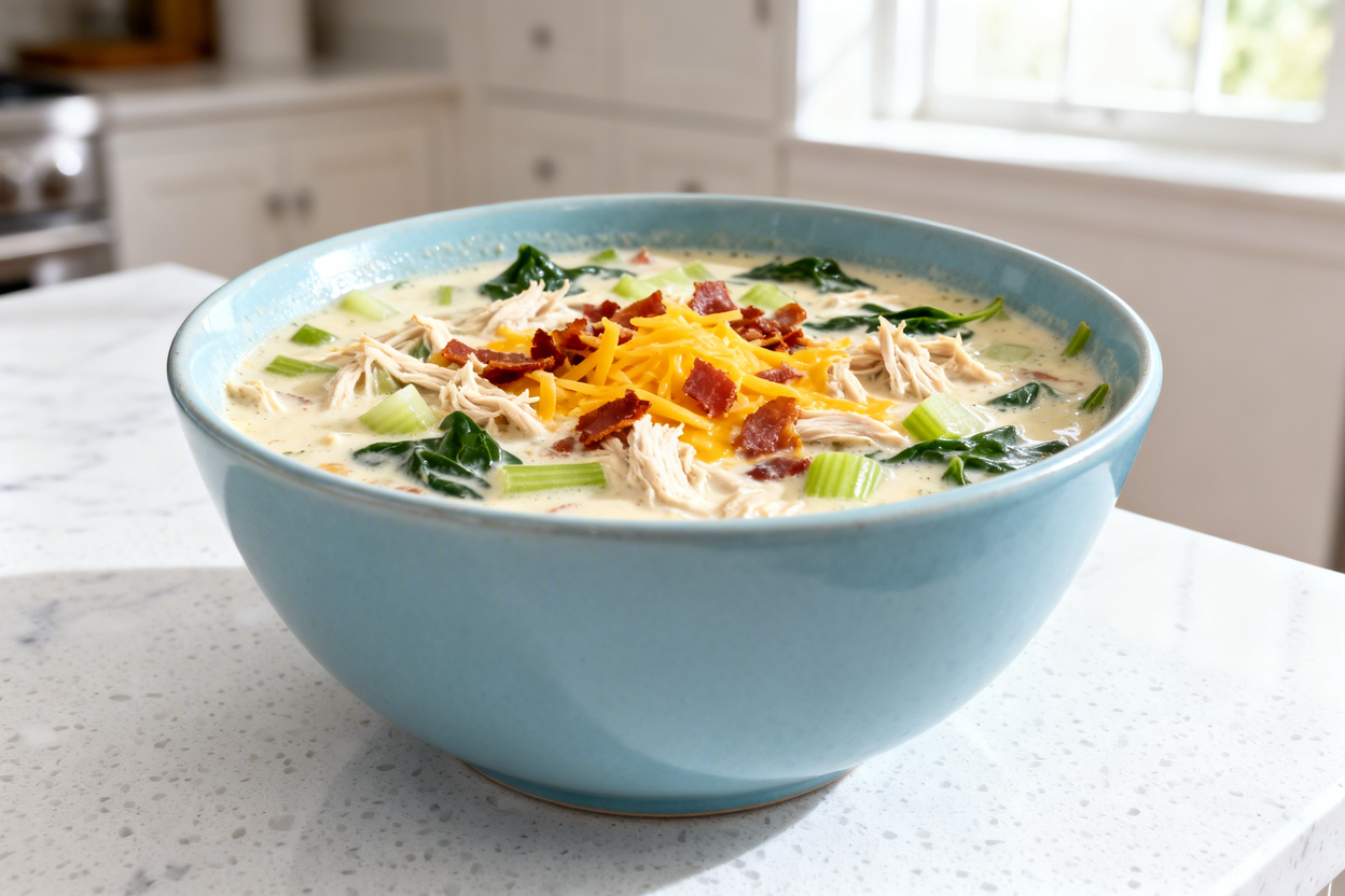 –40 degree perspective of the same finished keto crack chicken soup, identical portion and identical