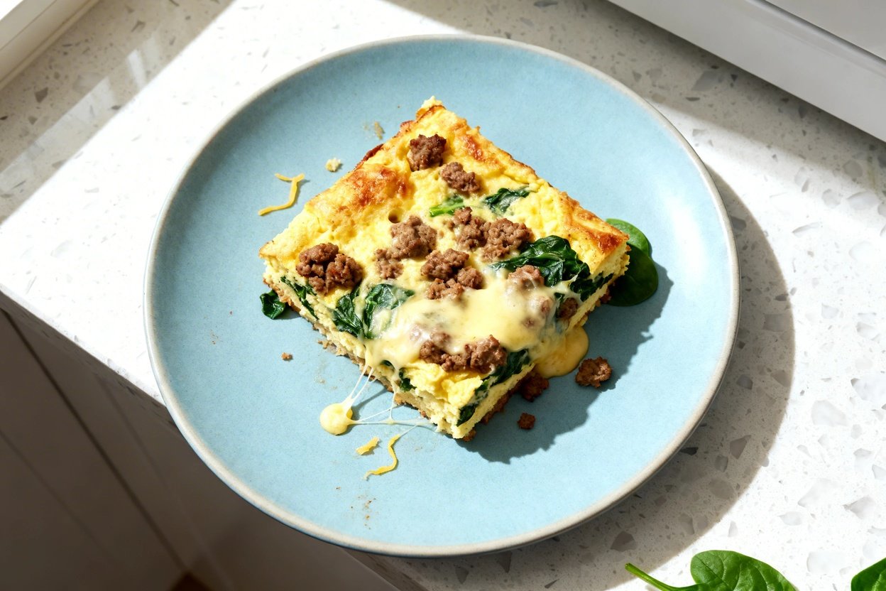 top-down food photo of a single serving square of keto breakfast casserole (fluffy baked egg base s