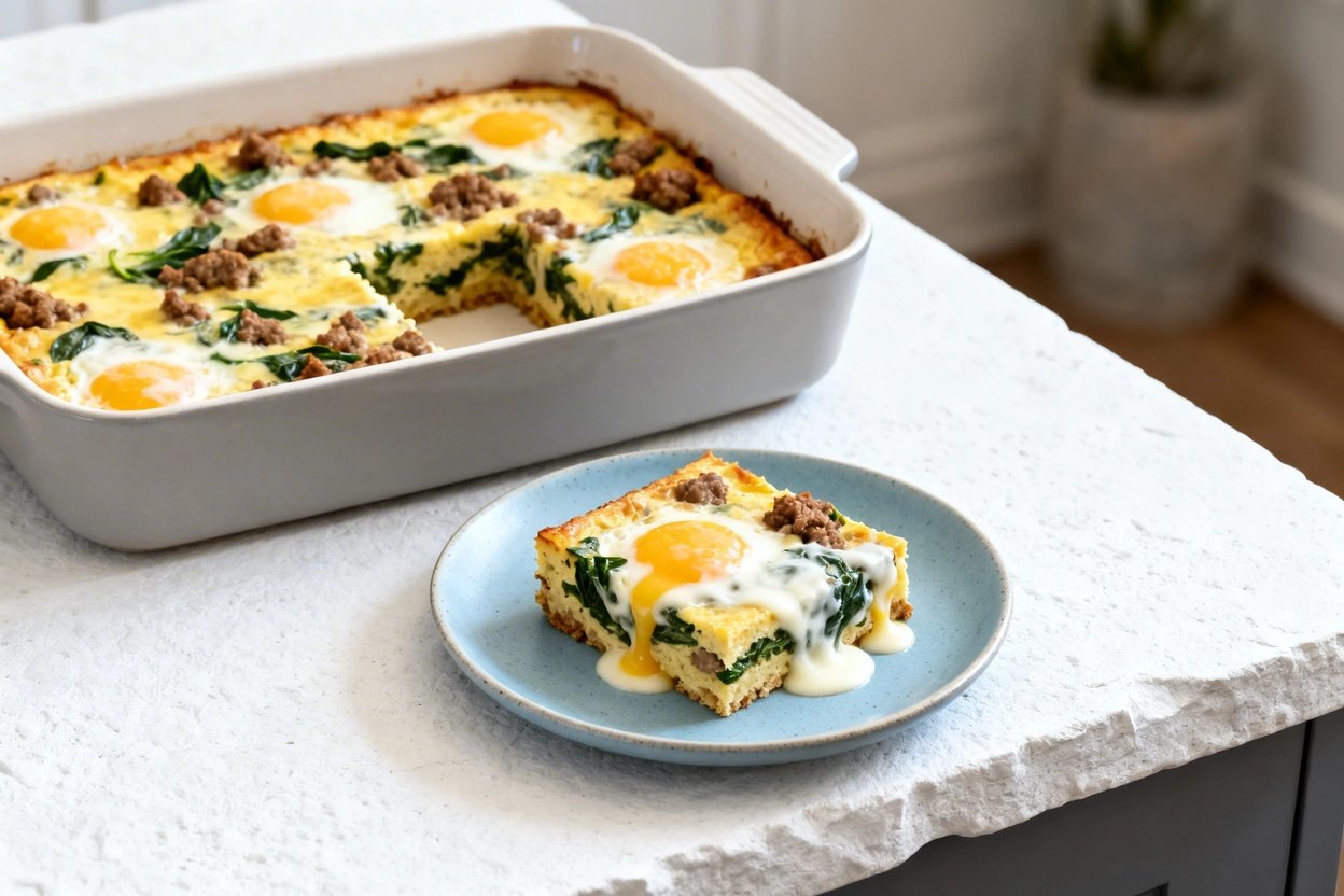 bout 30–40 degrees) realistic food photo of the exact same keto breakfast casserole (baked eggs, bro