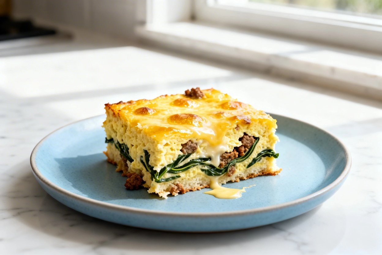 shot (about 30–45 degrees) of the same single square serving of keto breakfast casserole on the sam