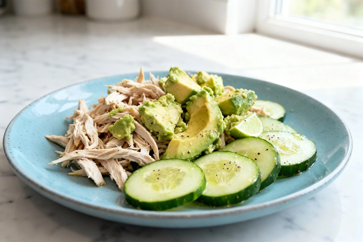  shot at about 35–45 degrees of the same finished avocado chicken cucumber salad plated on the ident