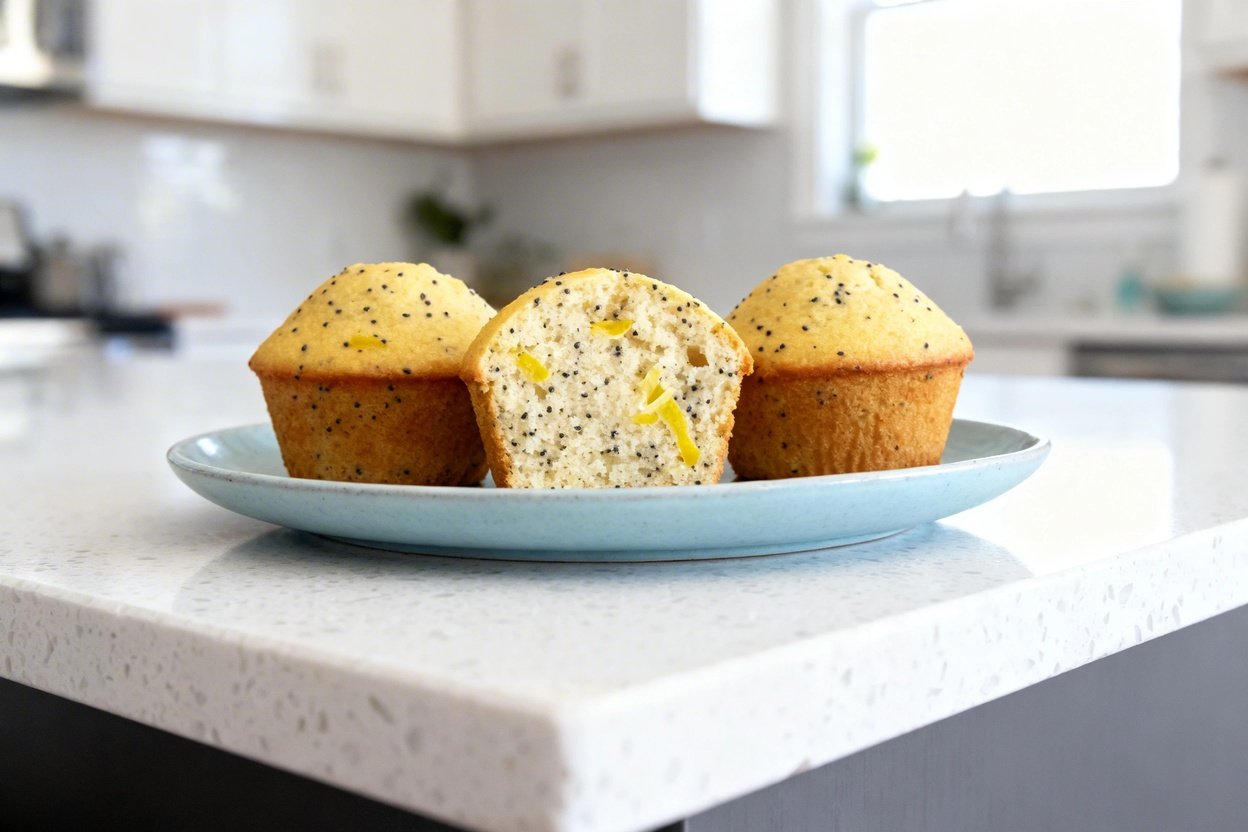 0–40 degrees) realistic food photograph of the exact same finished keto lemon poppy seed muffins and