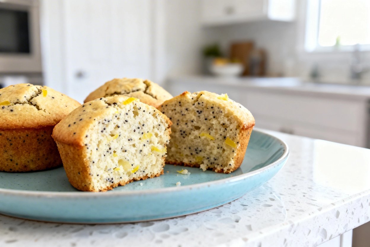 shot (30–45 degrees) of the same plated finished dish: keto lemon poppy seed muffins, same batch an