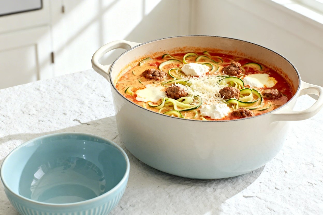 –40° view of the exact same cheesy keto lasagna soup and identical portion, now shown in the final c