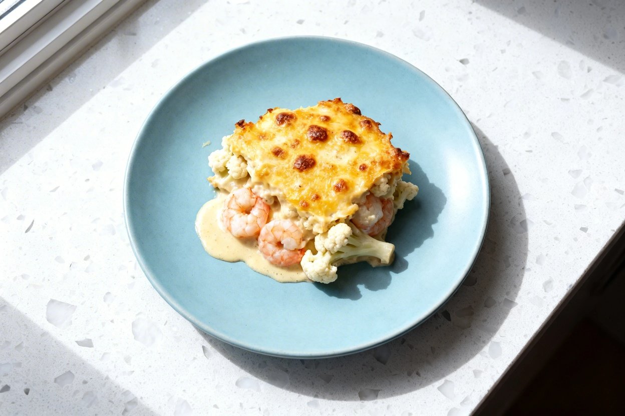 top-down food photo of a single serving of creamy cheesy keto shrimp and cauliflower bake on an ide