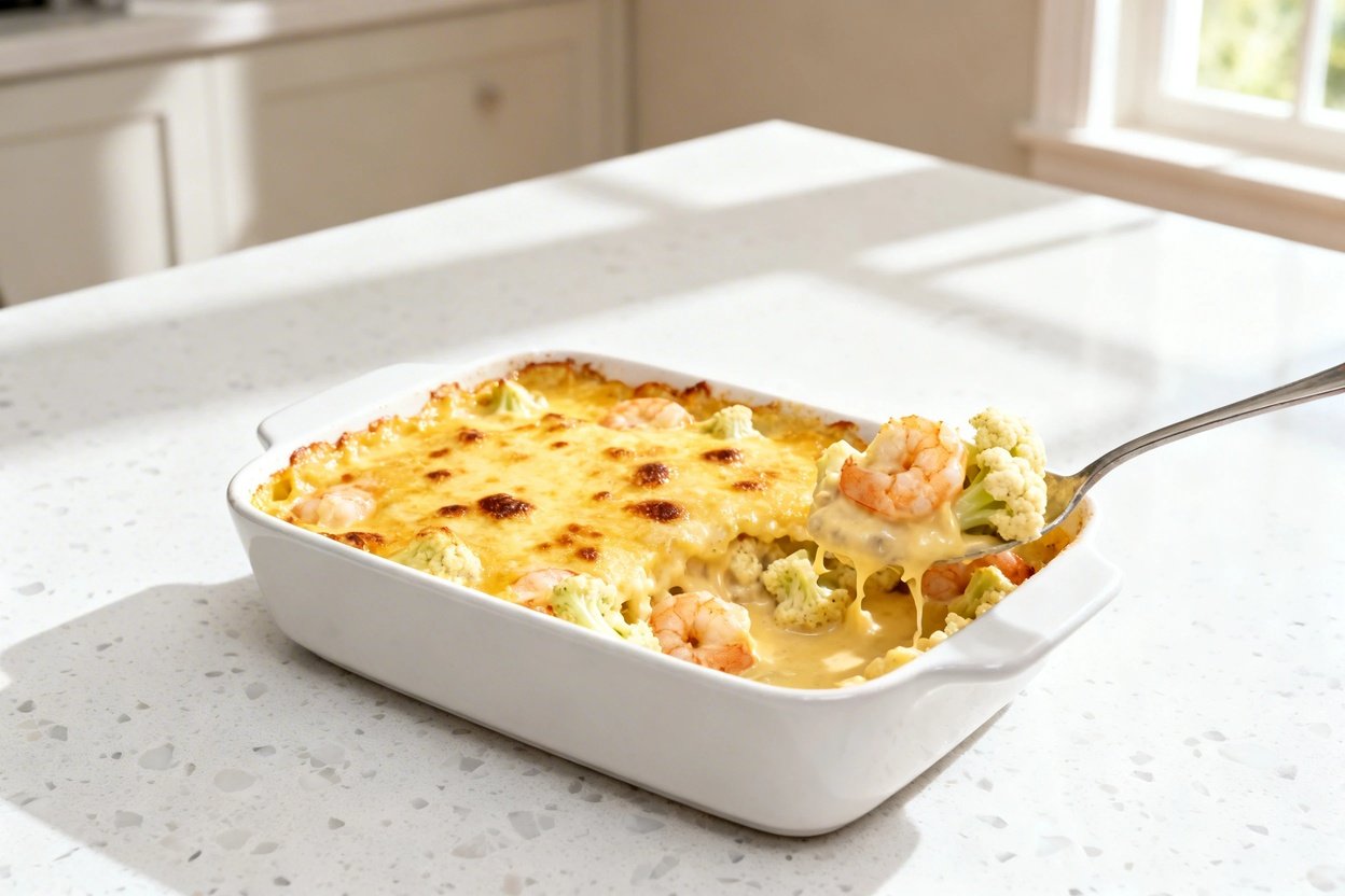 0–40 degrees) realistic food photograph of the same cheesy keto shrimp and cauliflower bake in its f