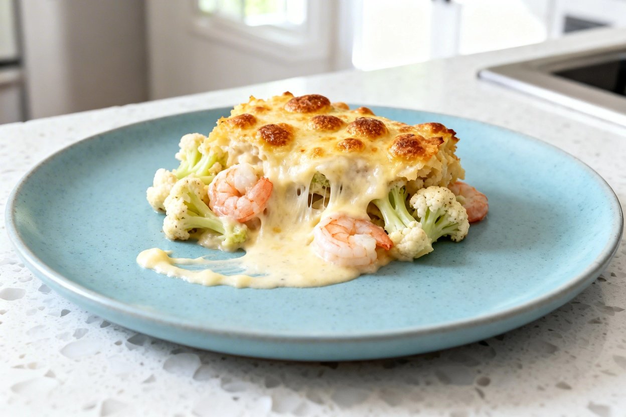 shot (30–45 degrees) of the same single plated serving of creamy cheesy keto shrimp and cauliflower