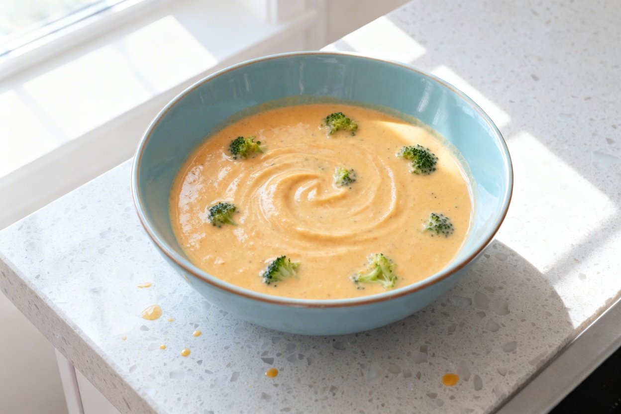 top-down food photo of a single serving bowl of creamy keto broccoli cheese soup: thick, velvety pal