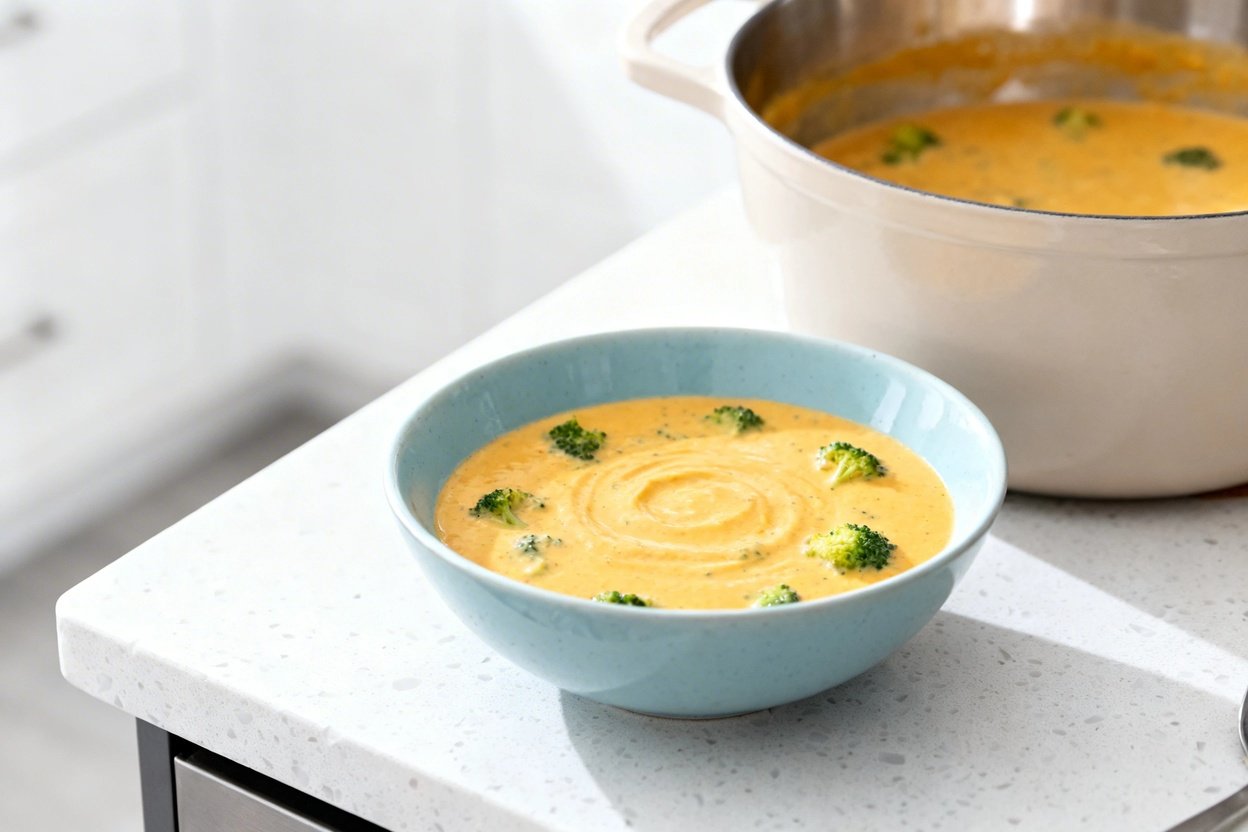 bout 35 degrees) realistic food photograph of the same creamy keto broccoli cheese soup, same thickn