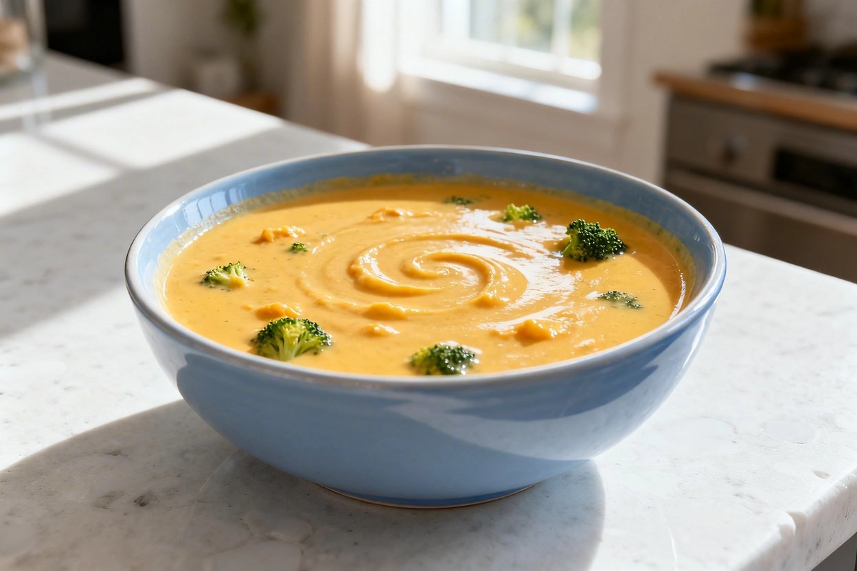  shot (about 40–45 degrees) of the same finished creamy keto broccoli cheese soup in the same light 