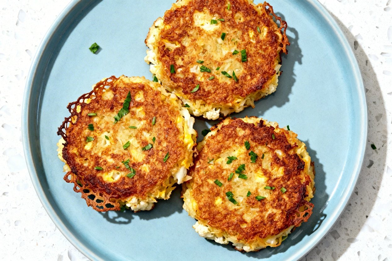 top-down food photograph of a single serving of keto cauliflower hashbrown patties: 3 round, evenly 