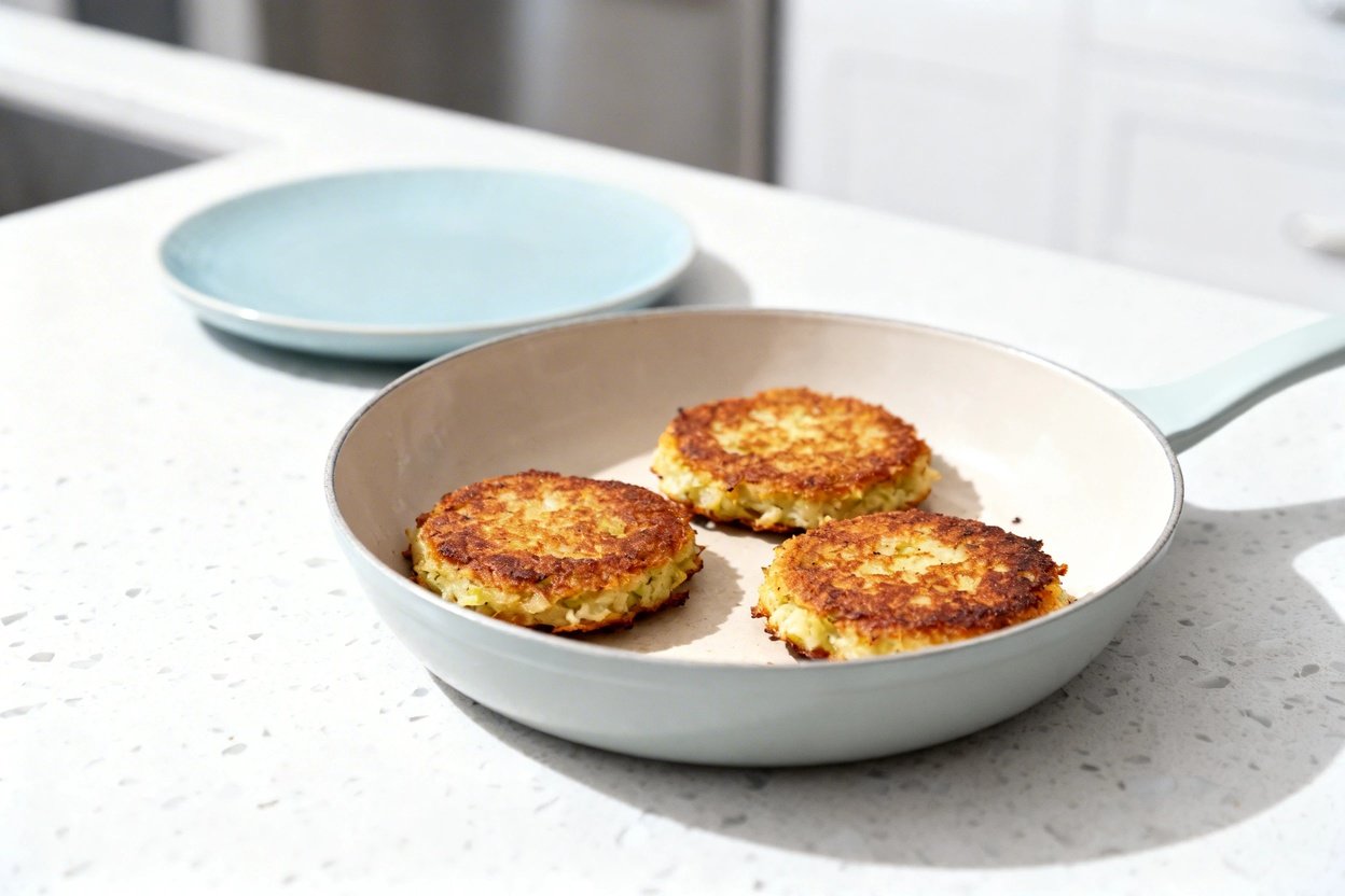bout 35 degrees) realistic food photo of the exact same finished keto cauliflower hashbrown patties 
