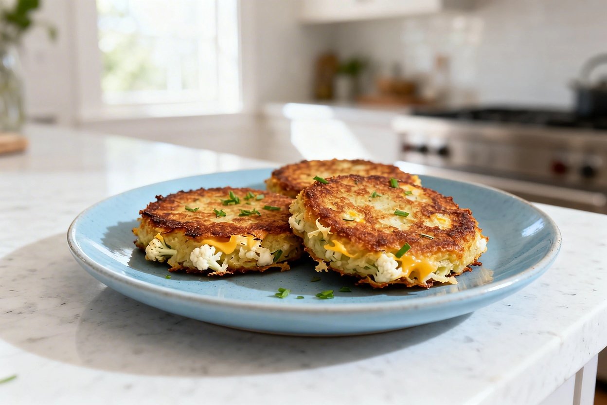  photograph (about 40–45 degrees) of the same plated serving: 3 round keto cauliflower hashbrown pat