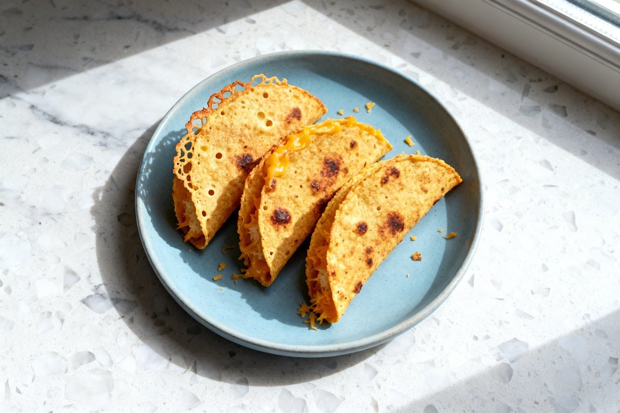 top-down food photo of crispy keto cheese taco shells made from baked sharp cheddar and Parmesan, sh