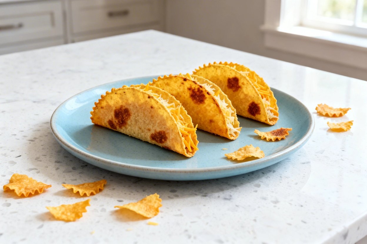 bout 35 degrees) realistic food photo of the exact same finished crispy keto cheese taco shells (sha