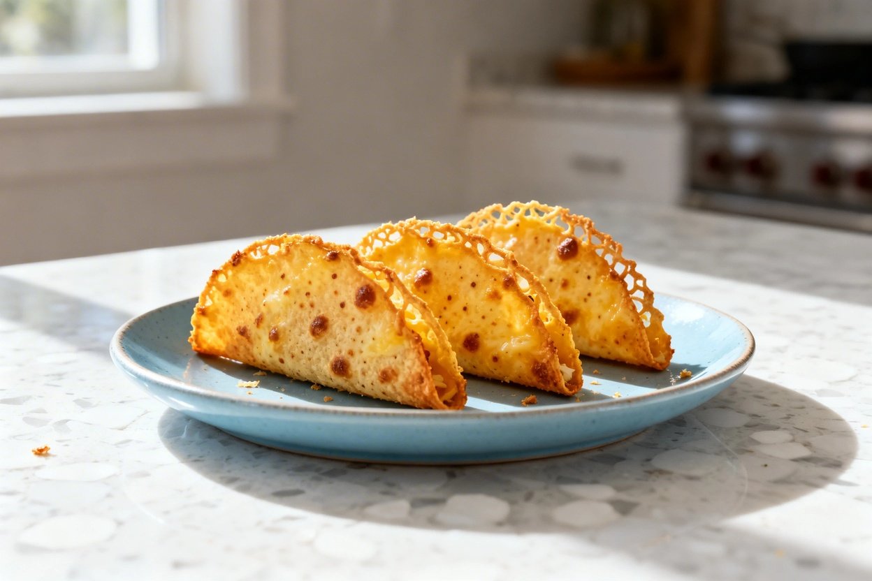  shot (about 40–45 degrees) of the same finished crispy keto cheese taco shells (baked sharp cheddar