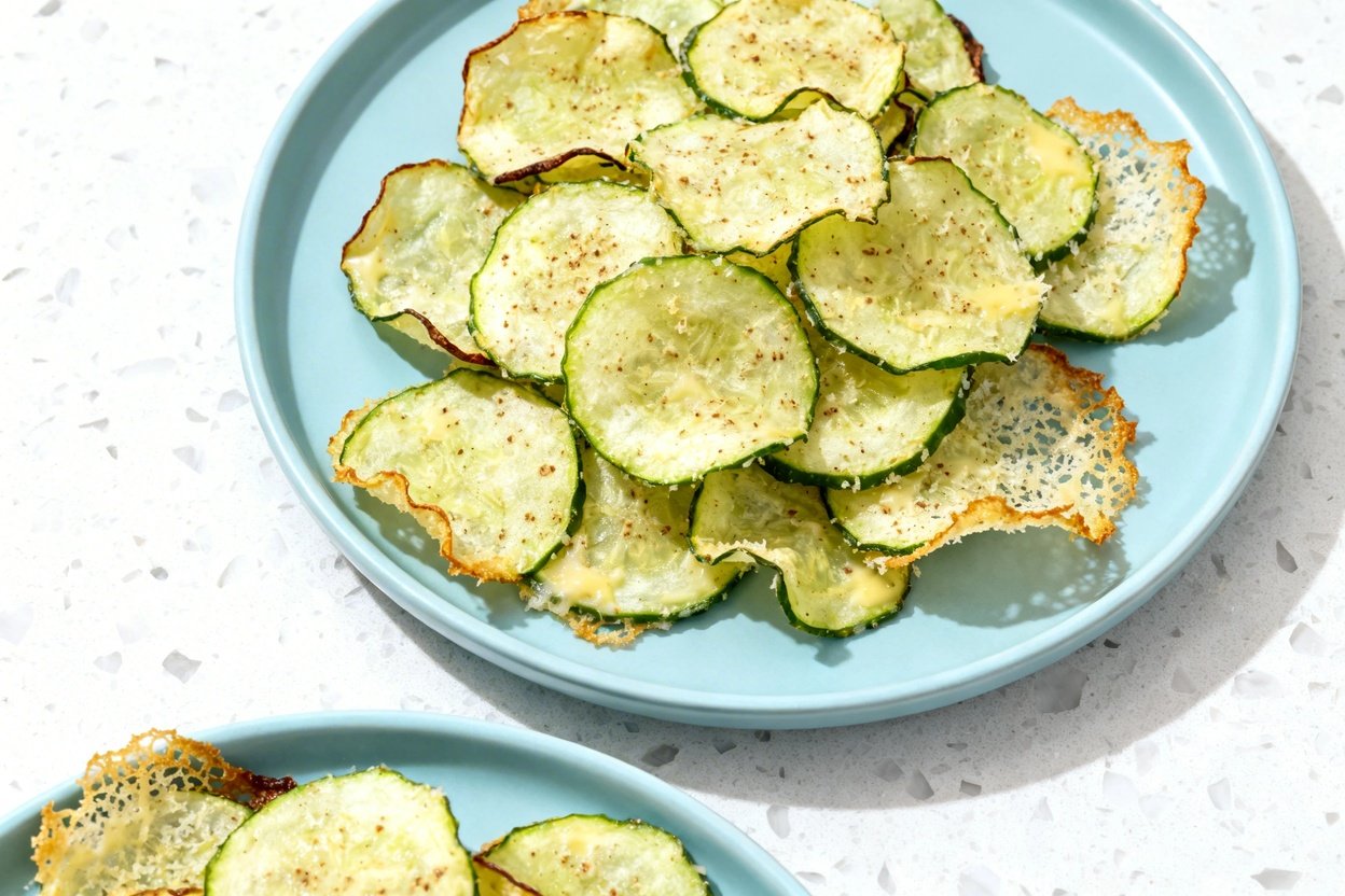 top-down food photo of a single serving of Ranch Cucumber Parm Chips: thin, evenly sliced baked cucu