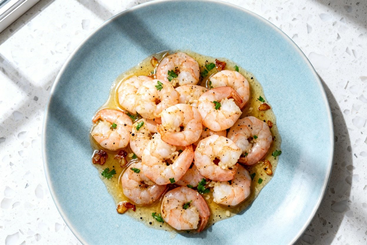 top-down food photo of a single serving of keto garlic butter shrimp skillet plated on a light blue
