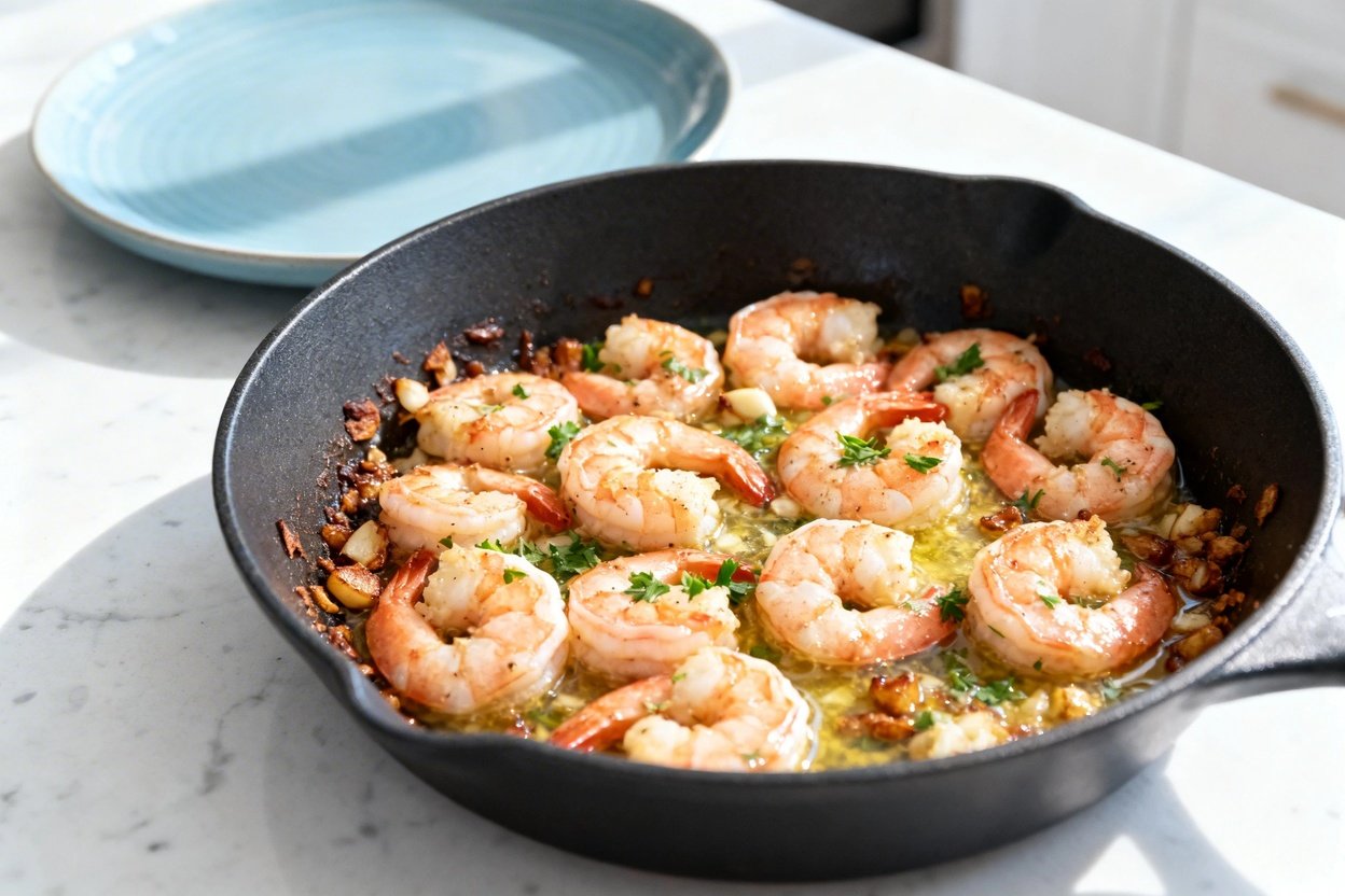 bout 30–40 degrees) contextual food photo of the same keto garlic butter shrimp skillet immediately