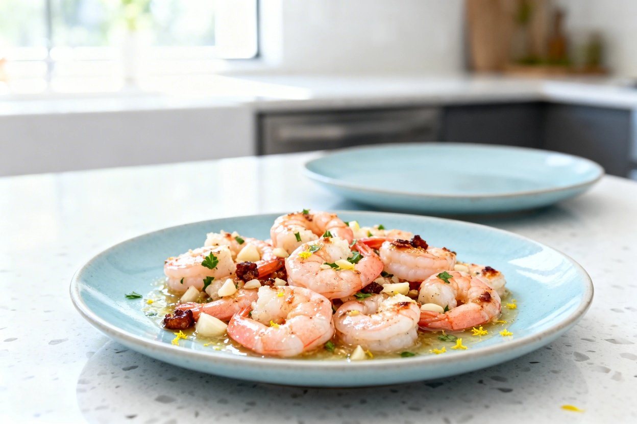  shot (about 30–45 degrees) of the same finished keto garlic butter shrimp plated on the same light