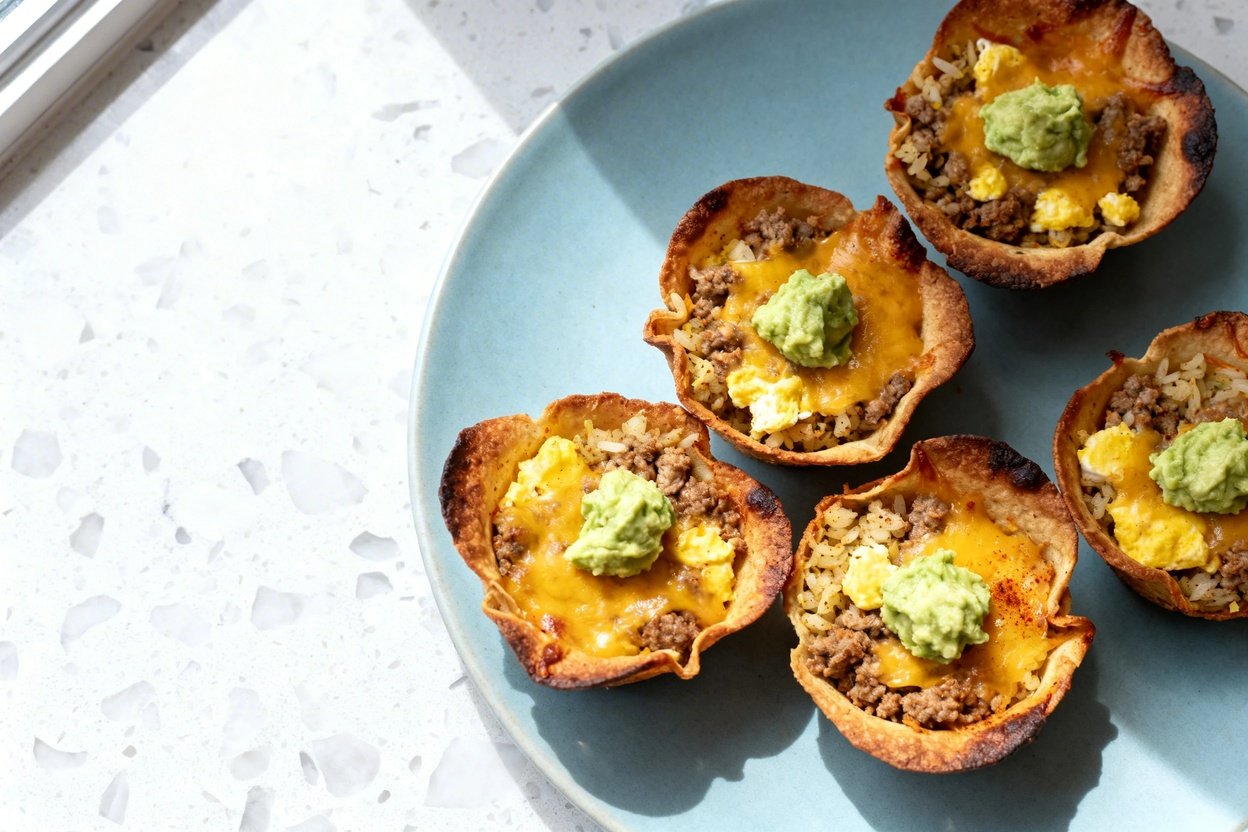top-down food photo of finished Easy Keto Taco Cups: 4–5 baked taco cups shaped like muffin-tin roun
