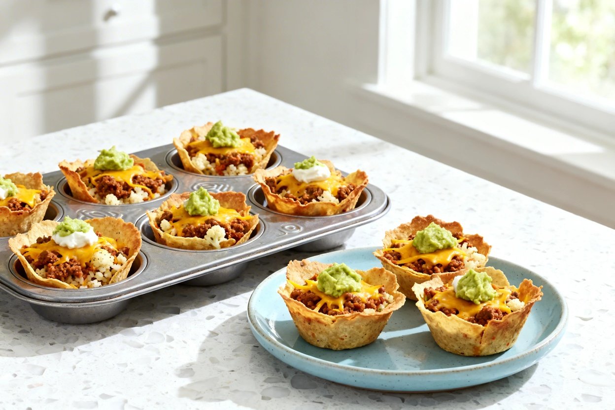 –40 degree camera view of the exact same finished Easy Keto Taco Cups (same muffin-tin cup shape, sa