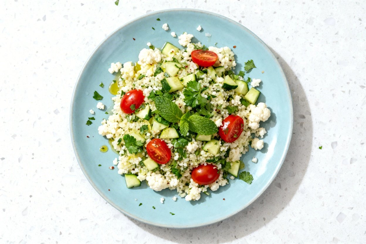 top-down food photo of a single serving of keto cauliflower tabbouleh salad on a light blue ceramic