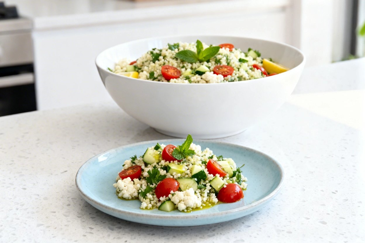 mera perspective (about 30–40 degrees) showing the exact same finished keto cauliflower tabbouleh sa