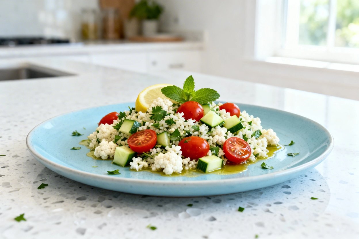 shot (about 30–45 degrees) of the same plated serving of keto cauliflower tabbouleh salad on the sa