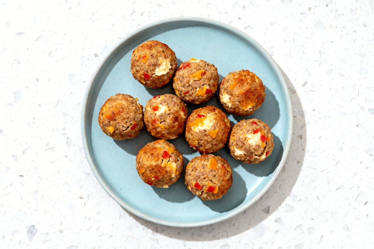 top-down food photo of Keto Rotel Sausage Cream Cheese Balls: a single serving of baked, golf-ball-s