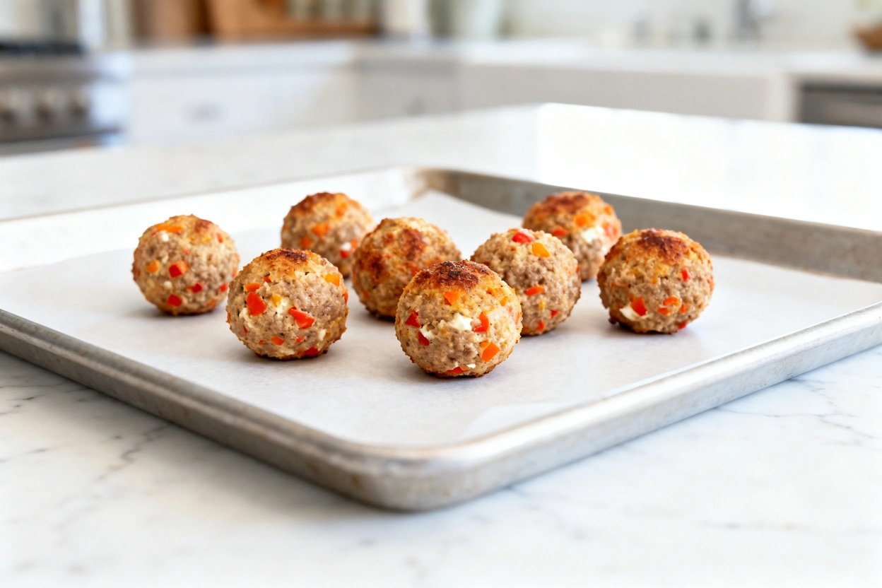 –40° view of the exact same finished Keto Rotel Sausage Cream Cheese Balls (same golf-ball size, sam