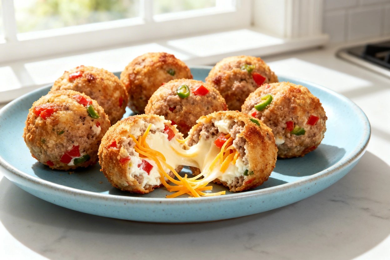  shot at 30–45° of the same plated serving of Keto Rotel Sausage Cream Cheese Balls on the same ligh